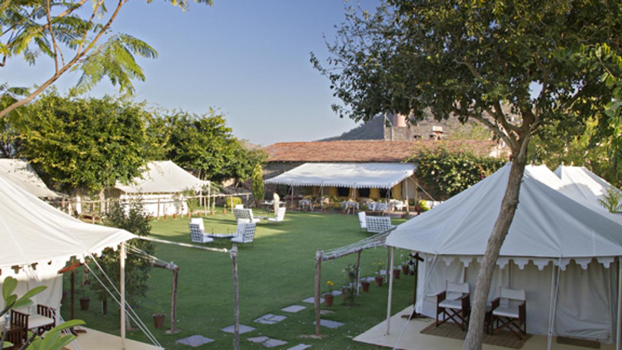 Tents on the lawns at Ramathra Fort