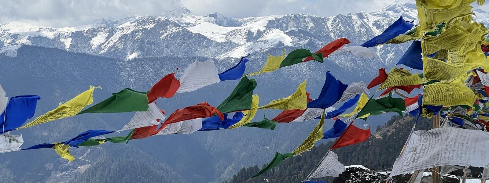 Prayer flags over a mountain in Bhutan