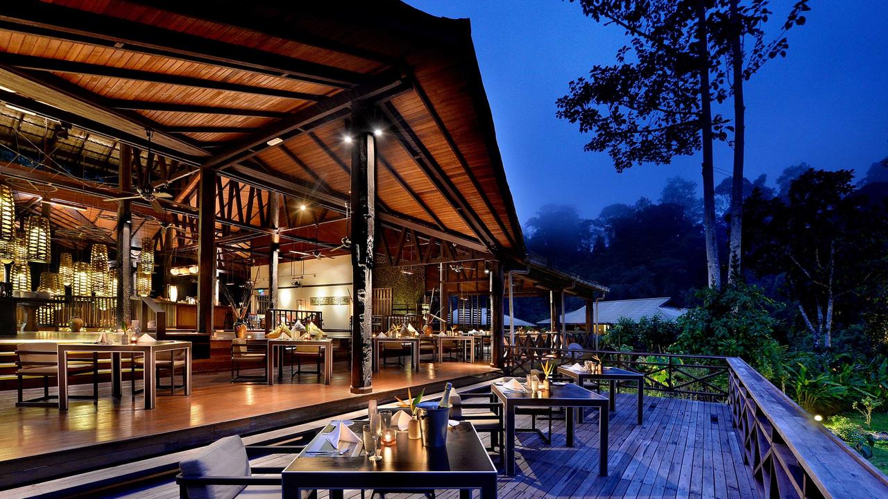 Restaurant at night at the Borneo Rainforest Lodge