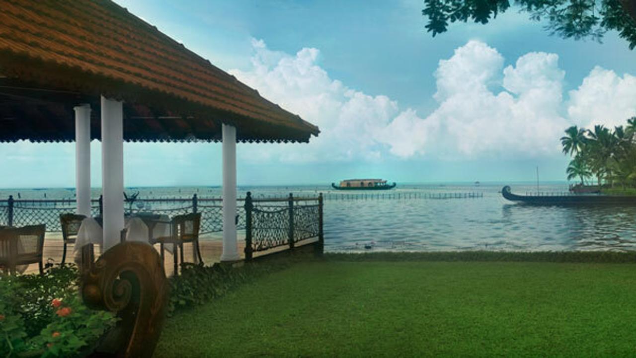 Bar overlooking lake at Kumarakom Lake Resort