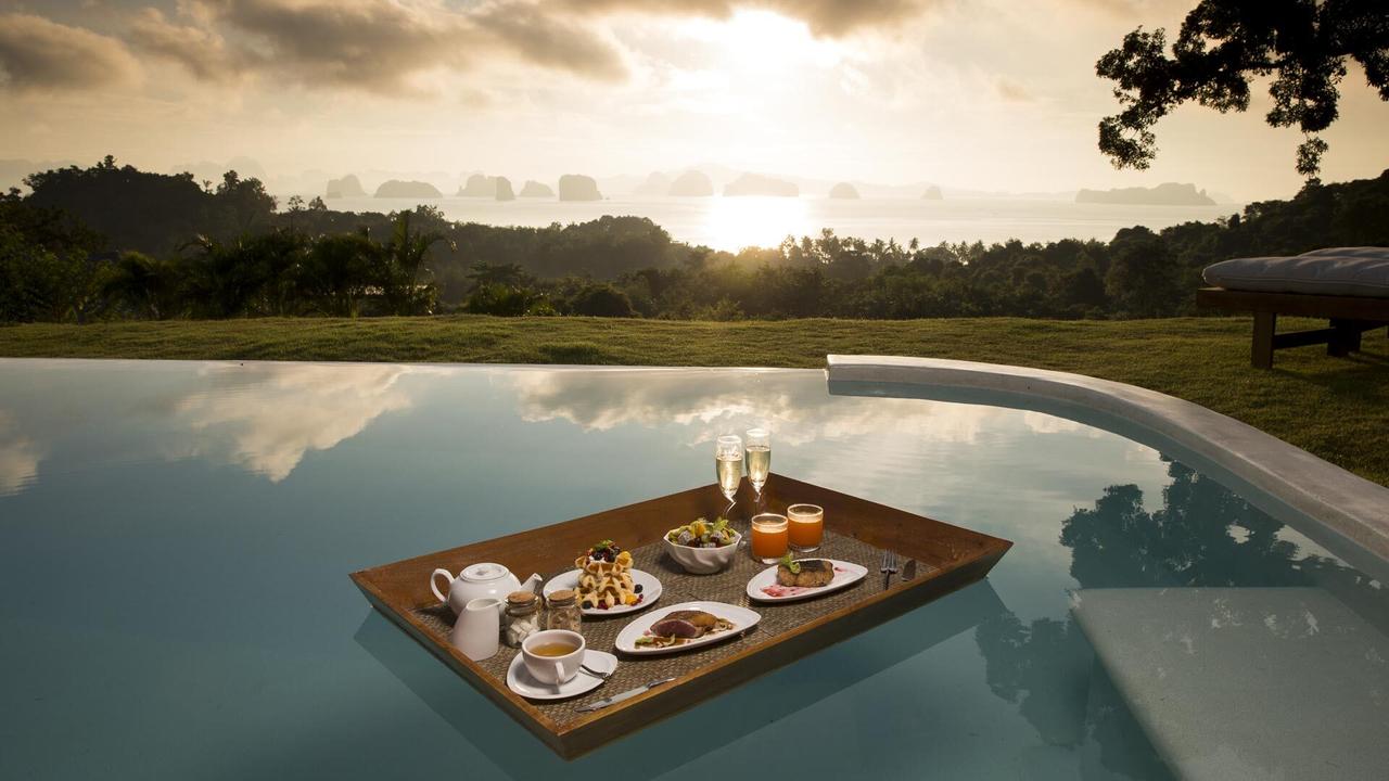 Breakfast tray floating in the pool at 9 Hornbills