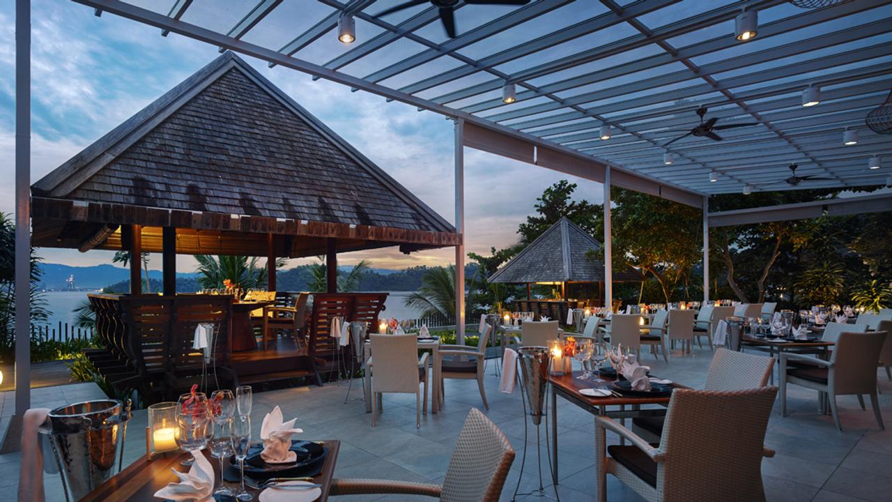 Restaurant at sunset at Gaya Island Resort