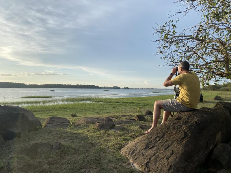Man sitting on rock overlooking Wasgamuwa National Park