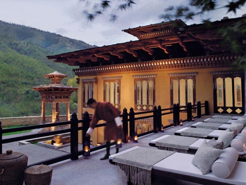 Terrace with loungers at Taj Tashi